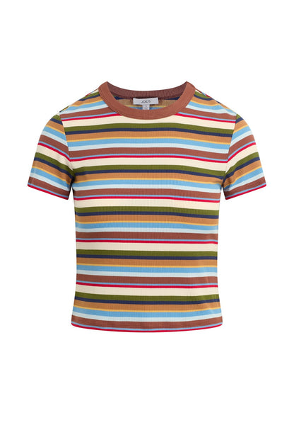 A short-sleeve crewneck t-shirt with horizontal stripes in multi variegated color displayed on a clean white background.