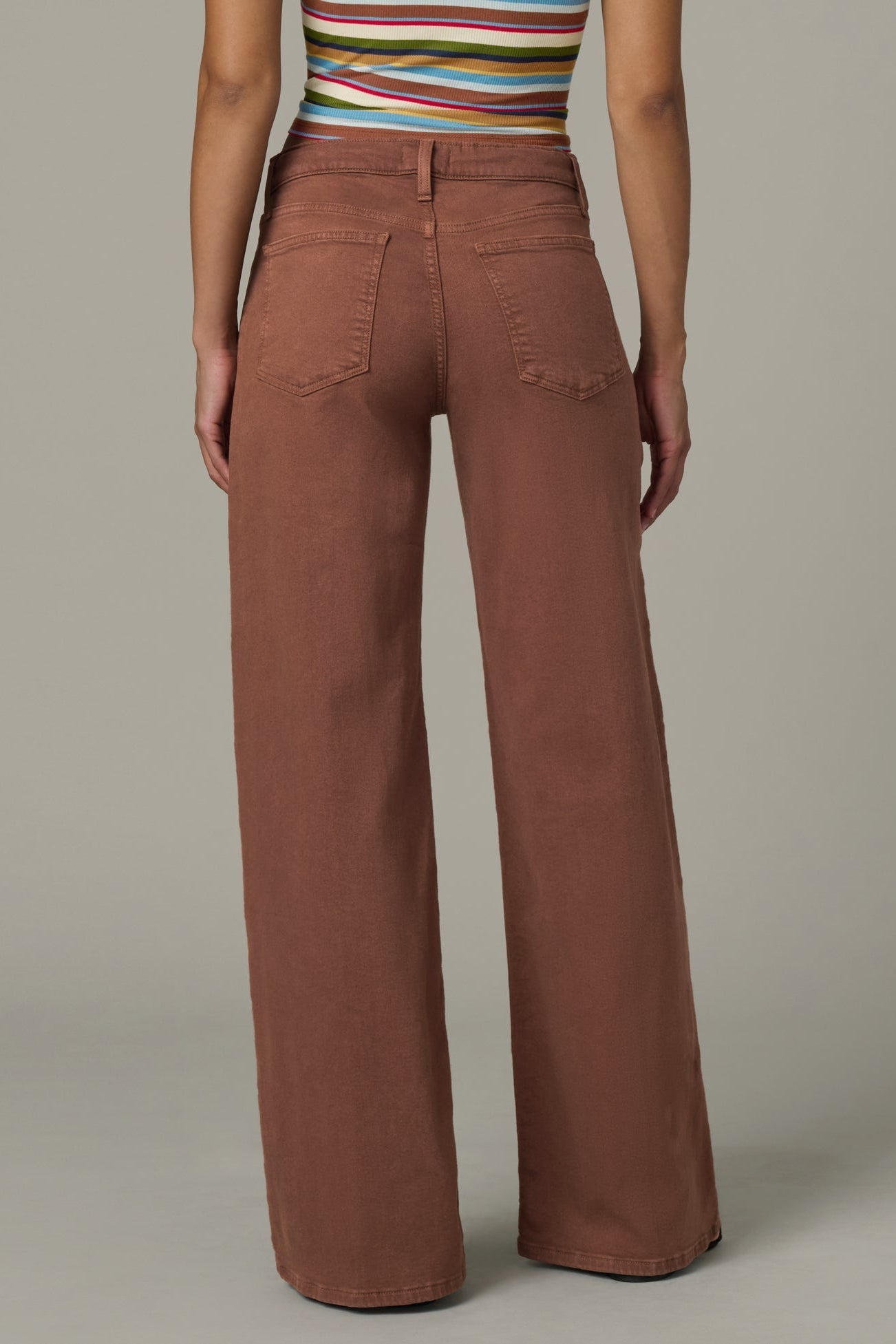 Back view of woman wearing a striped top and chocolate color Lou Lou wide-leg pants with a drawstring on a plain background