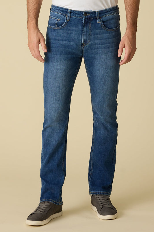 Men's straight jeans, medium-wash blue denim with front button fly and belt loops