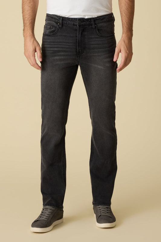 Men's straight-leg black wash jeans with five pockets and zip fly