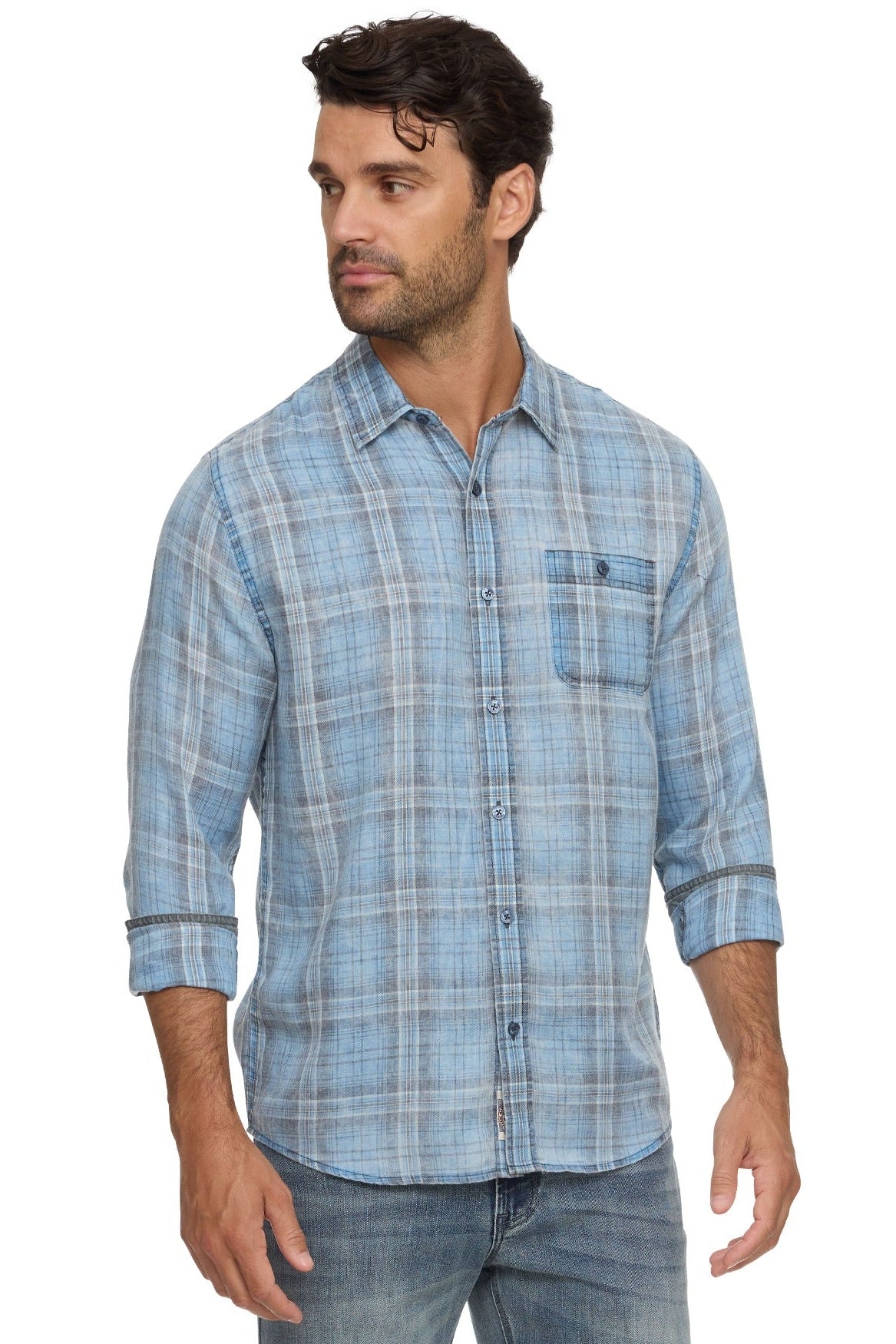 Man wearing blue & navy plaid paxton long sleeve vintage button down shirt 