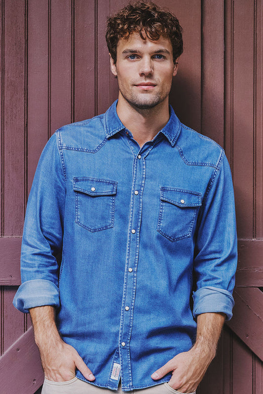 Men's medium-wash chambray western shirt, long sleeves, button-front, two chest pockets