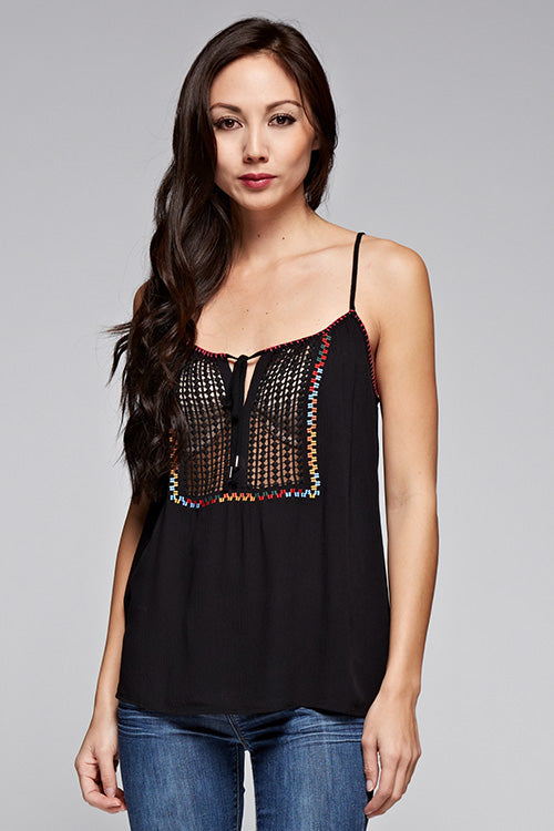 Black crochet inset camisole with colorful embroidered trim, adjustable spaghetti straps