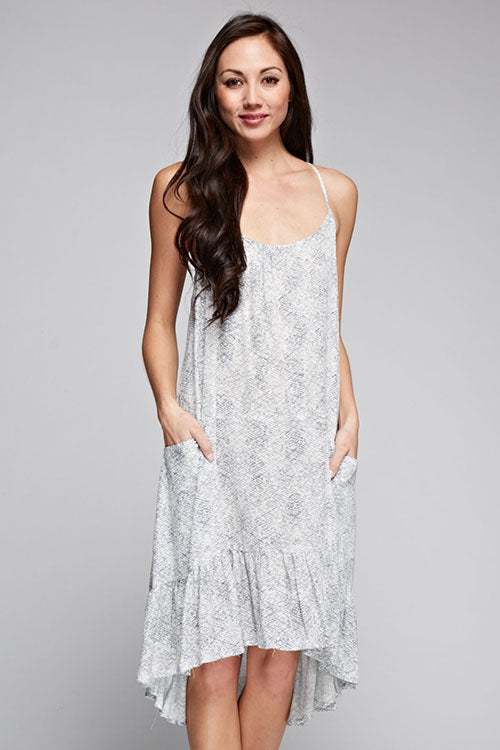 Gray speckled high-low midi dress with scoop neckline and thin straps