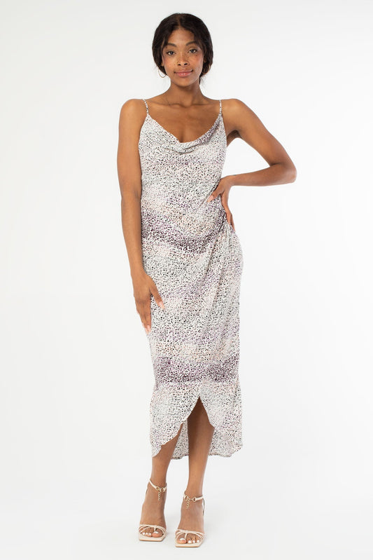 Cowl neck midi dress with abstract speckled animal print, spaghetti straps, ivory/lavender
