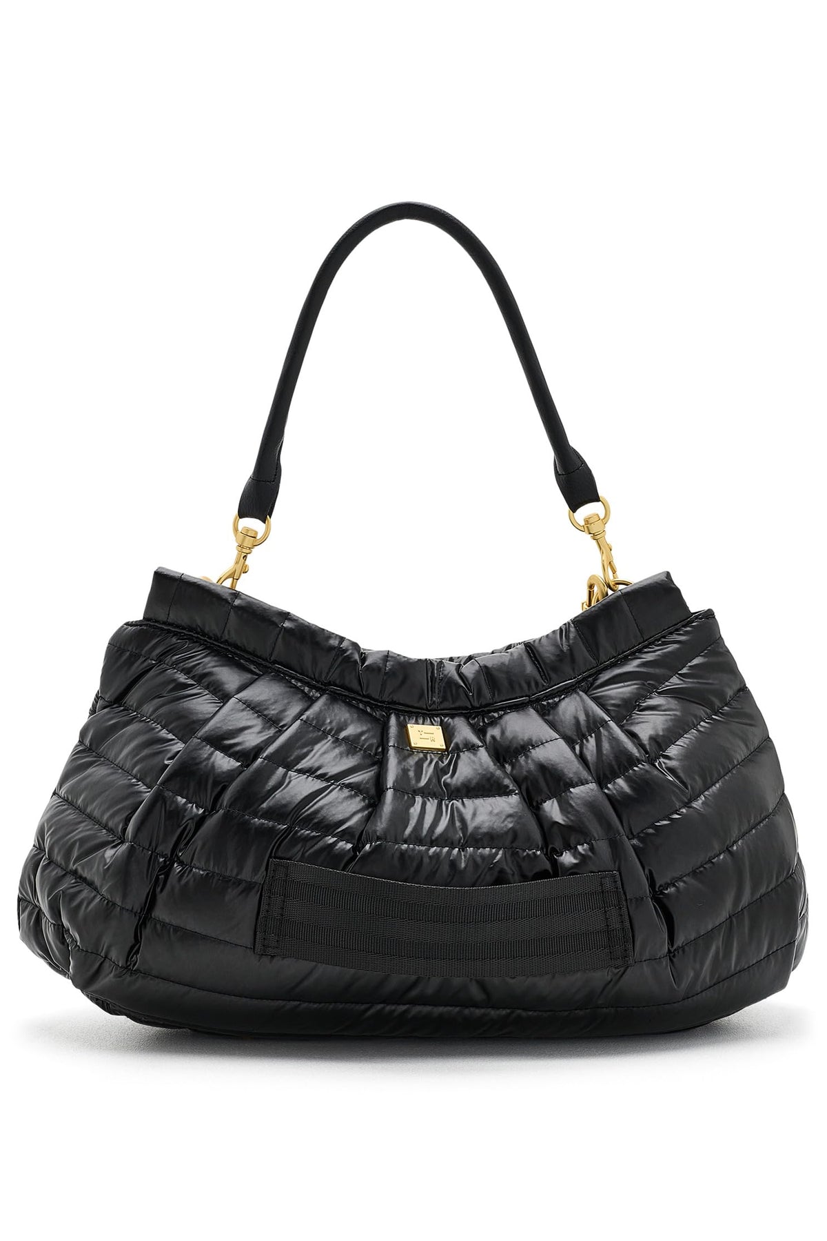 A hold me close clutch black quilted puffer handbag with a single shoulder strap and gold-tone hardware, shown against a plain white background.