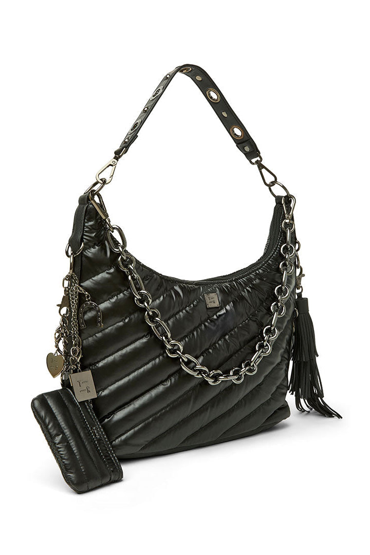 A black quilted ICON leather shoulder bag with silver-tone chain detailing, a matching wristlet pouch, and a tassel charm, shown on a solid white background.