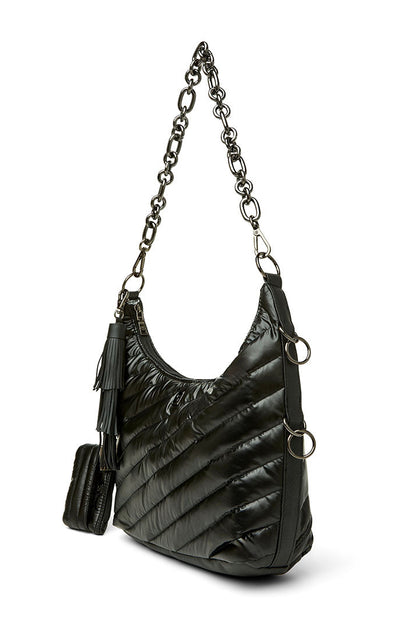 A black quilted ICON hobo shoulder bag with a silver-tone chain strap and matching tassel detail, shown on a plain white background.