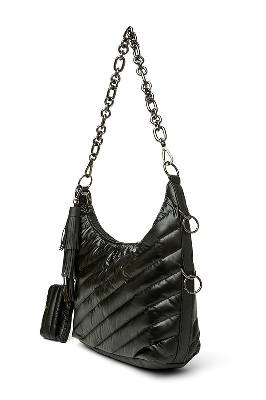 A black quilted ICON hobo shoulder bag with a silver-tone chain strap and matching tassel detail, shown on a plain white background.