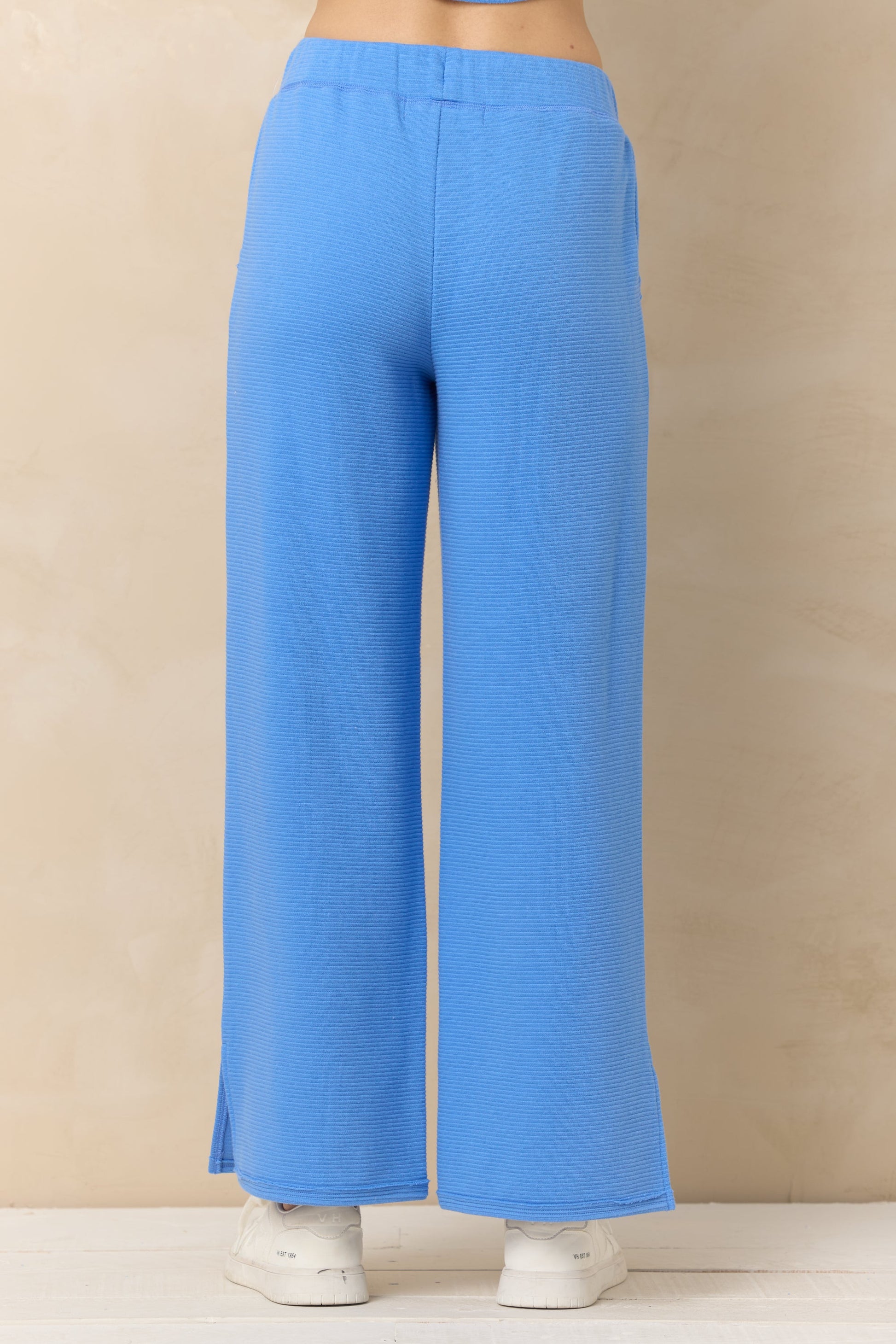 Back view of marine Blue pants on a beige background