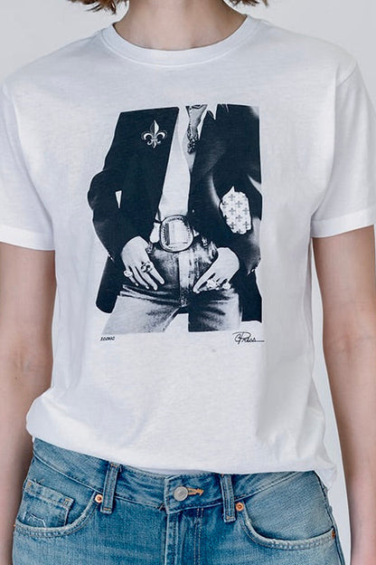 A white short-sleeve crewneck t-shirt featuring a black and white iconic graphic print worn by a model with blue jeans against a light gray background.