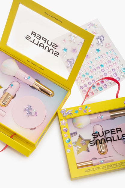 Unicorn makeup set with 'Super Smalls' branding in a yellow box on a white background