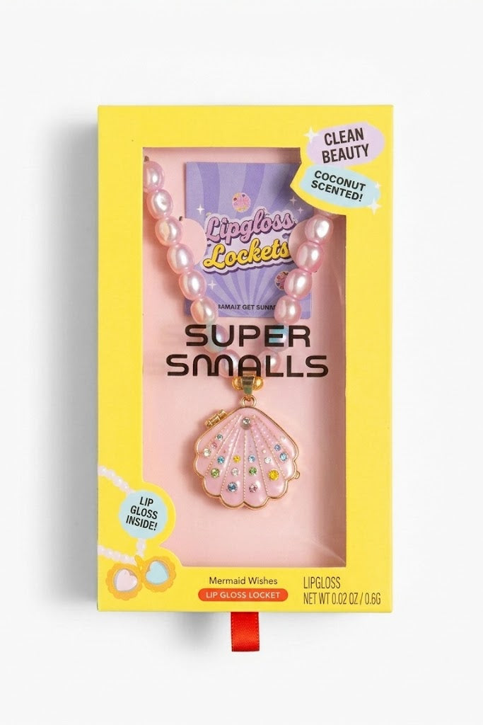Lip gloss packaging with yellow 'Super Smalls' box and pink lip gloss on a white background