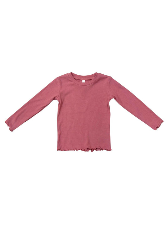 A mesa rose long-sleeve top with a raw, lettuce hem, laid flat against a solid white background.