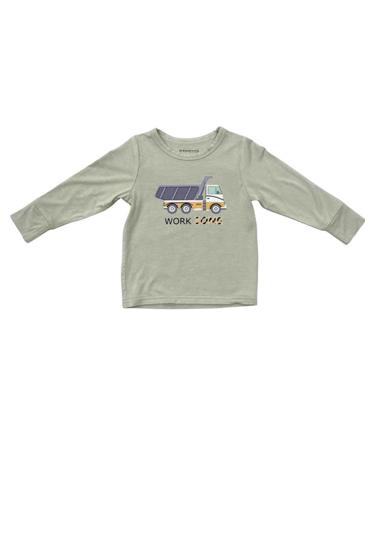 A light sage green long-sleeve t-shirt for toddlers, featuring a graphic of a dump truck with the text 'WORK ZONE' printed on the chest, displayed flat against a white background.