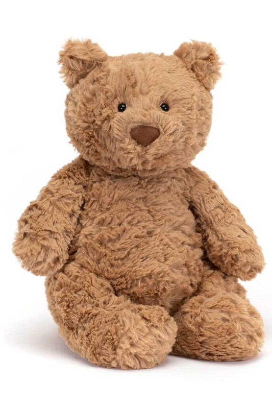 A classic brown bartholomew plush teddy bear sitting upright against a clean white background.