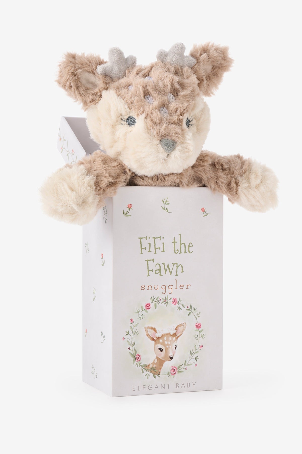 A plush baby snuggler toy shaped like a fawn, emerging from its branded white gift box. The box features the text 'Fifi the Fawn snuggler' and 'Elegant Baby' with a floral deer illustration.