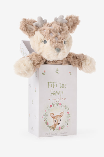 A plush baby snuggler toy shaped like a fawn, emerging from its branded white gift box. The box features the text 'Fifi the Fawn snuggler' and 'Elegant Baby' with a floral deer illustration.