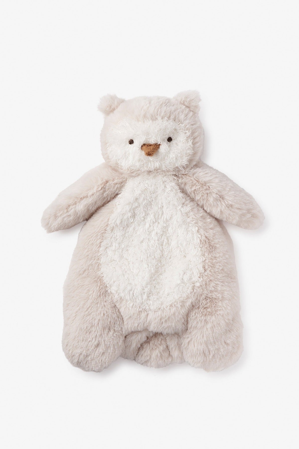 A plush owl-shaped baby lovey comforter in soft cream and light beige, featuring a small brown stitched nose and embroidered eyes, centered on a clean white background.