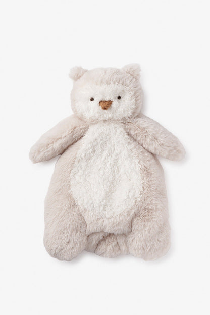 A plush owl-shaped baby lovey comforter in soft cream and light beige, featuring a small brown stitched nose and embroidered eyes, centered on a clean white background.