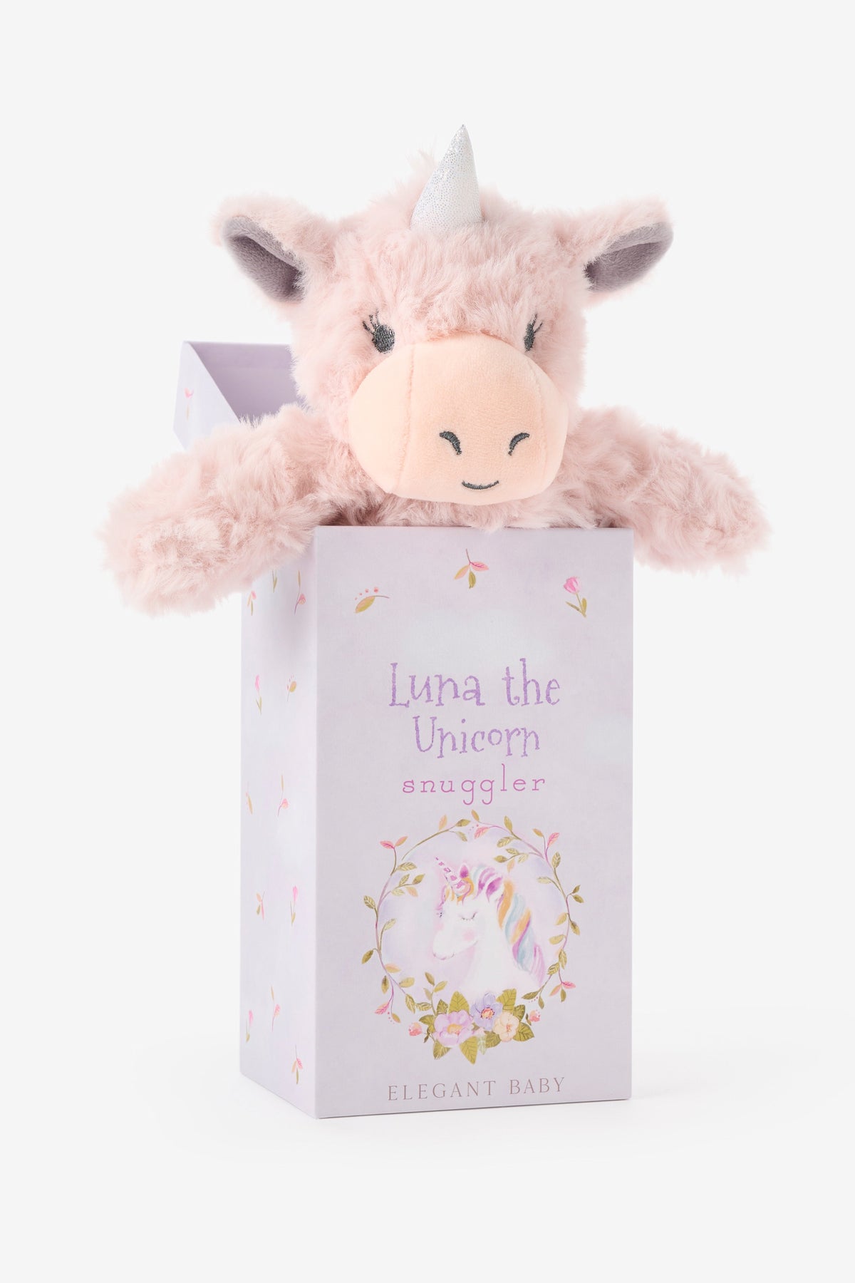 A plush pink unicorn toy peeking out of a lavender gift box with the text 'Luna the Unicorn snuggler' and 'Elegant Baby' printed on the front, photographed on a clean white background.