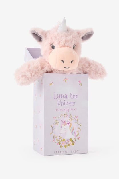 A plush pink unicorn toy peeking out of a lavender gift box with the text 'Luna the Unicorn snuggler' and 'Elegant Baby' printed on the front, photographed on a clean white background.