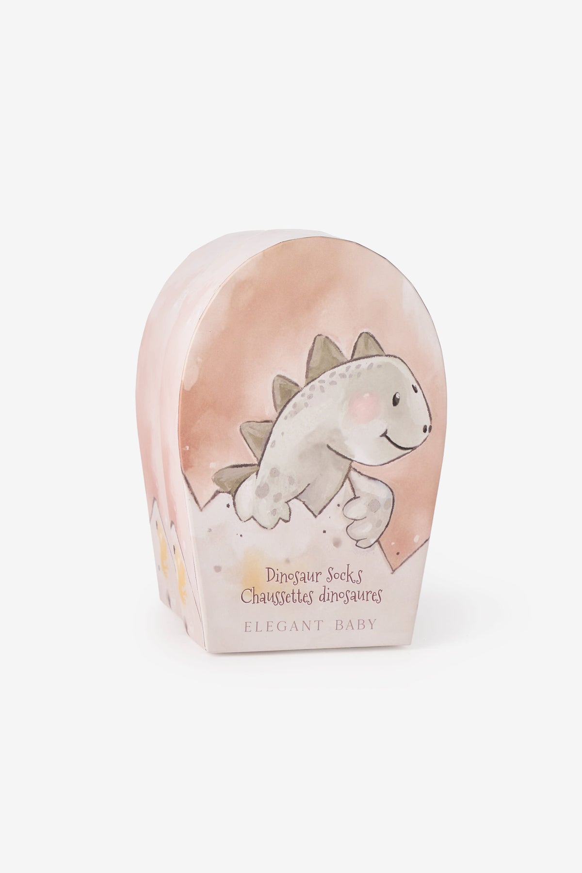 Elegant Baby dinosaur-shaped baby powder box featuring a watercolor illustration of a white and gray dinosaur on a soft peach-pink background, set against a clean white studio backdrop.