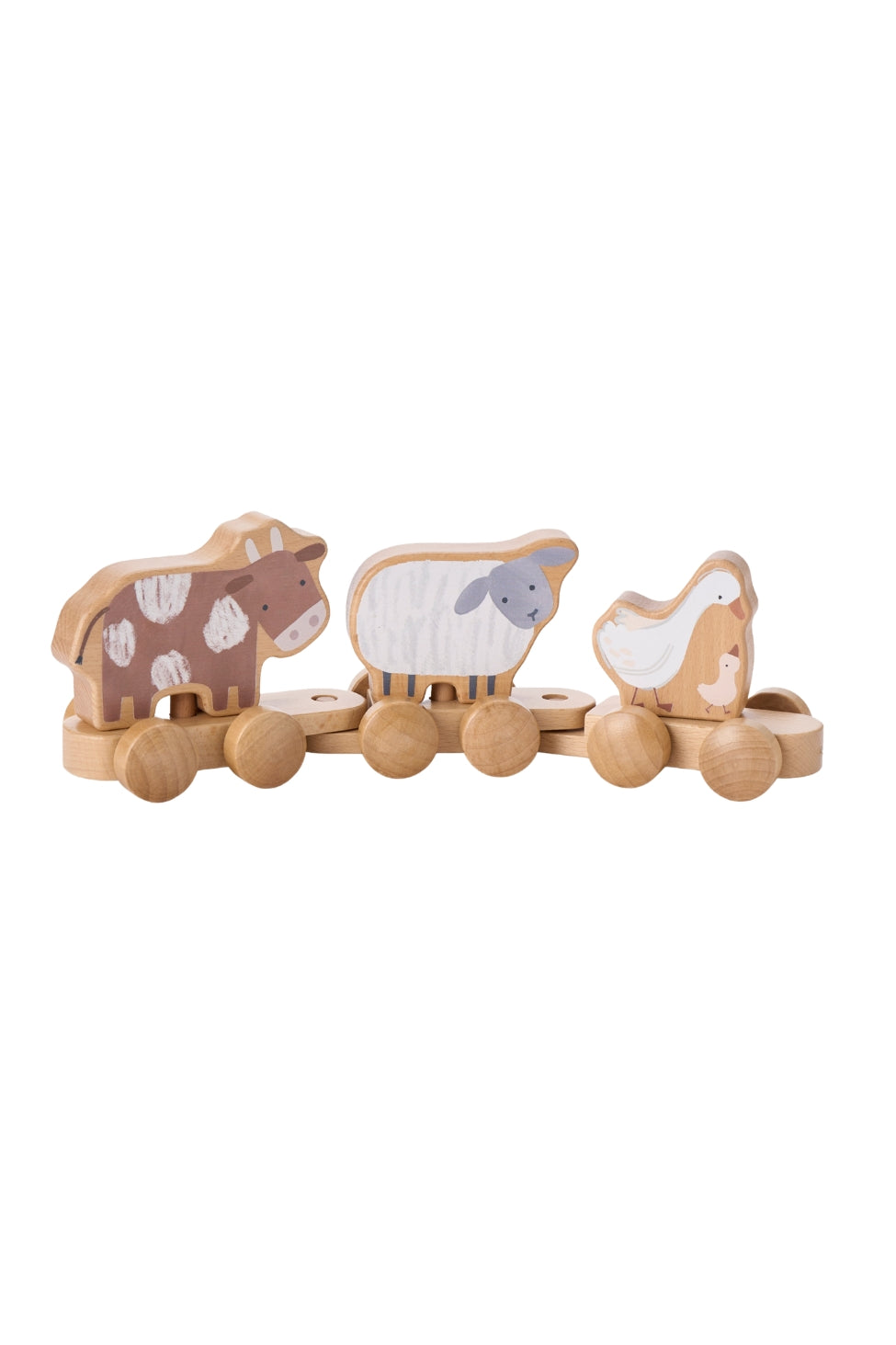 A wooden toy train set featuring three animal figures—a brown and white cow, a white sheep with a gray head, and a white bird with a peach beak—crafted from natural wood with painted details, shown on a plain white background.