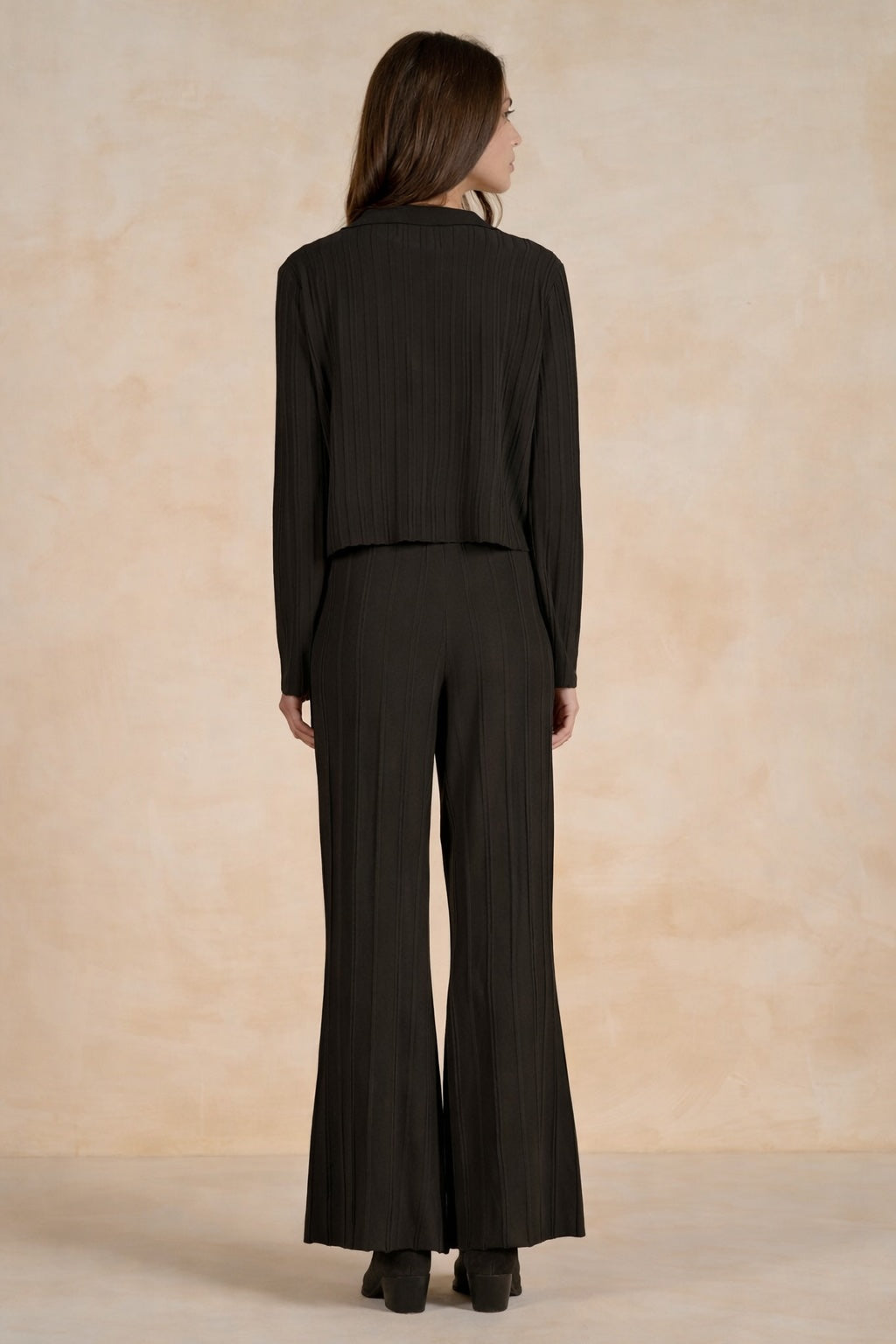 A woman viewed from the back wearing a black pleated long-sleeve cropped jacket and matching pleated wide-leg trousers against a warm beige textured studio backdrop.