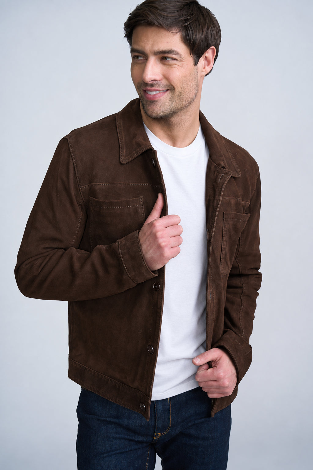 Yukon suede shacket in dark chocolate paired with a white tee and jeans 