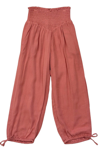 Brick Dust Vwaist Harem pants with drawstring tie ankles on a white background