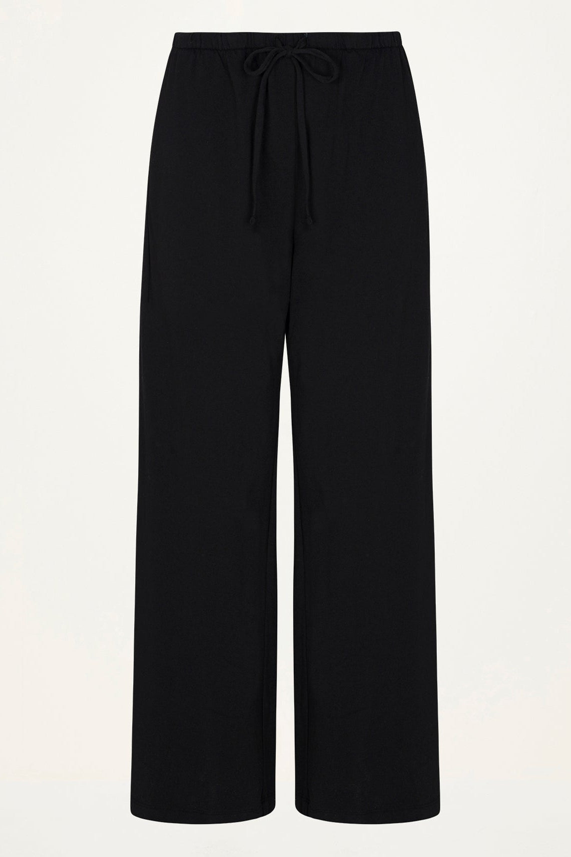 Black wide-leg trousers with an elastic drawstring waistband, shown flat against a light off-white background.