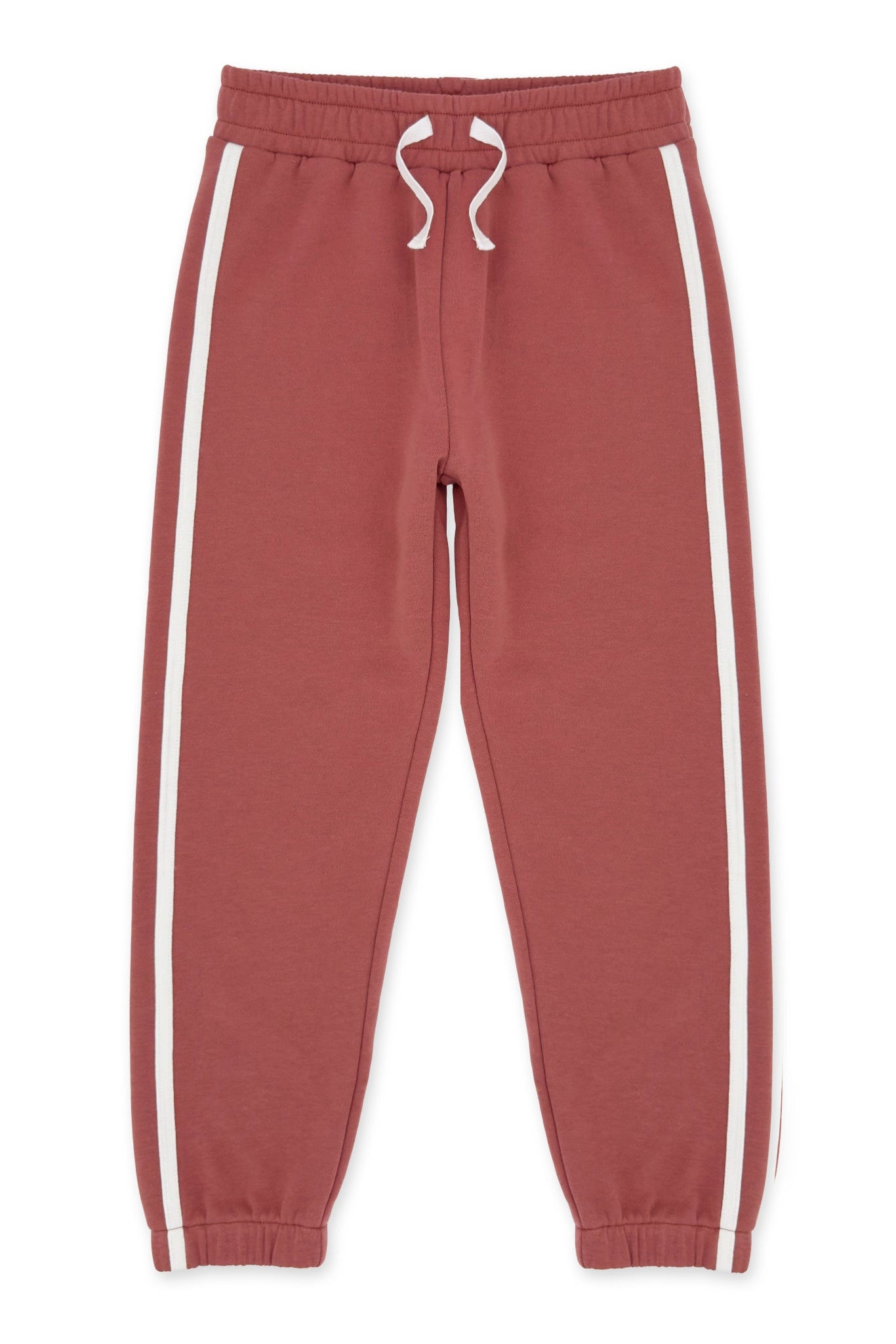 A pair of dusty canyon red sweatpants with white side stripes and a white drawstring, shown flat against a white background.
