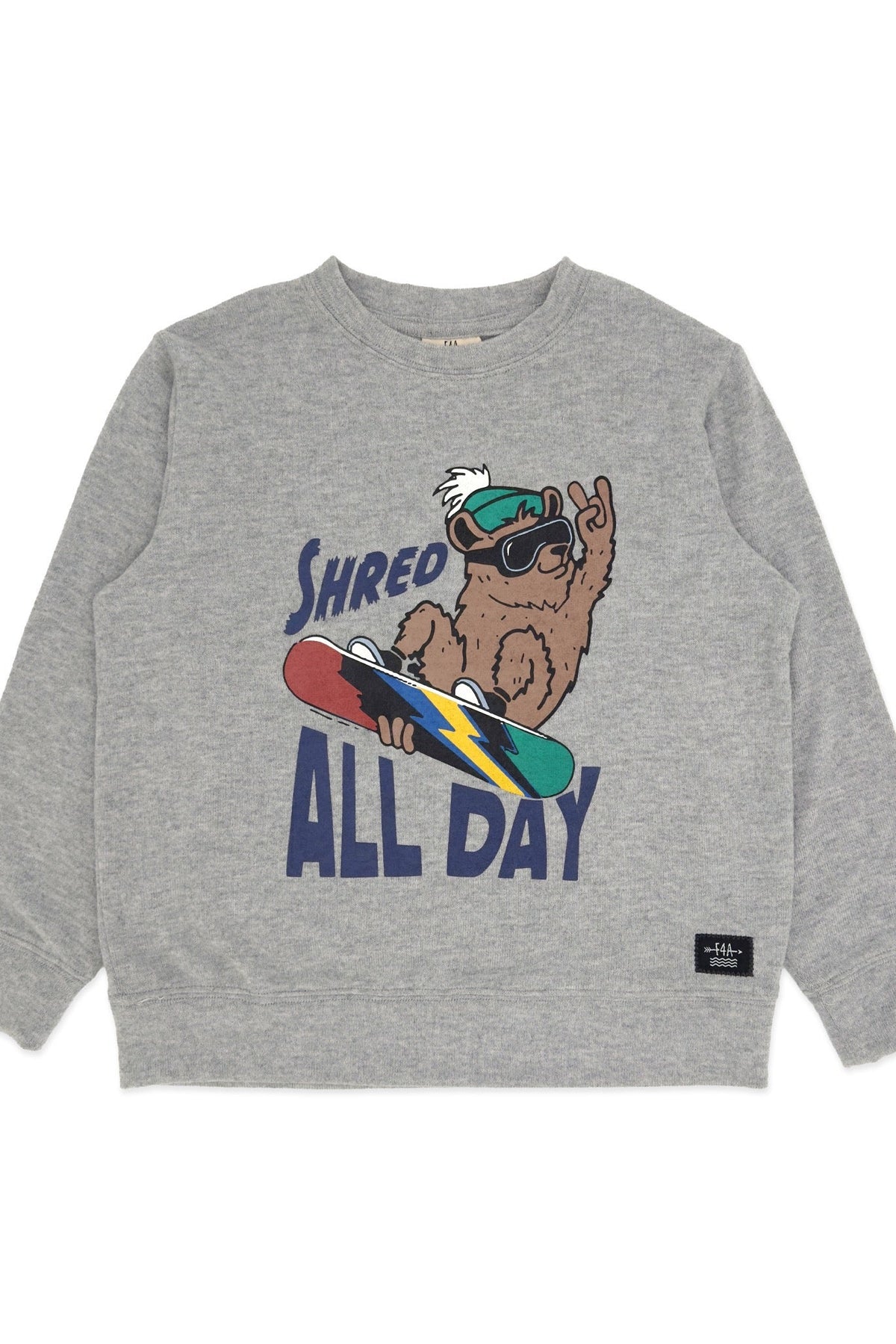 Gray sweatshirt with bear graphic and 'Shred All Day' text on a white background