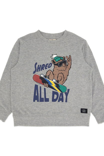 Gray sweatshirt with bear graphic and 'Shred All Day' text on a white background