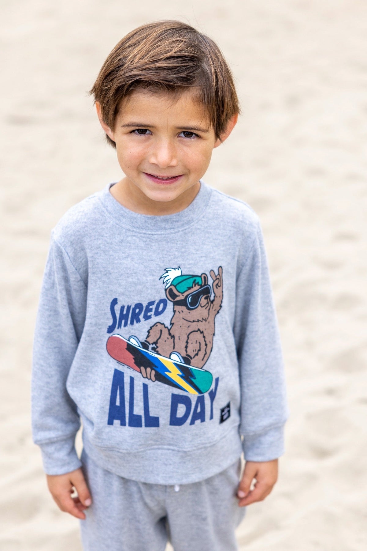 A young boy wearing a light gray heathered sweatshirt and matching sweatpants stands on a sandy beach. The sweatshirt features a graphic of a cartoon dog wearing sunglasses and a surfboard with the text 'SHRED ALL DAY'.