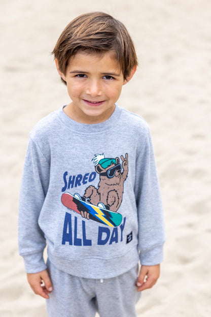 A young boy wearing a light gray heathered sweatshirt and matching sweatpants stands on a sandy beach. The sweatshirt features a graphic of a cartoon dog wearing sunglasses and a surfboard with the text 'SHRED ALL DAY'.