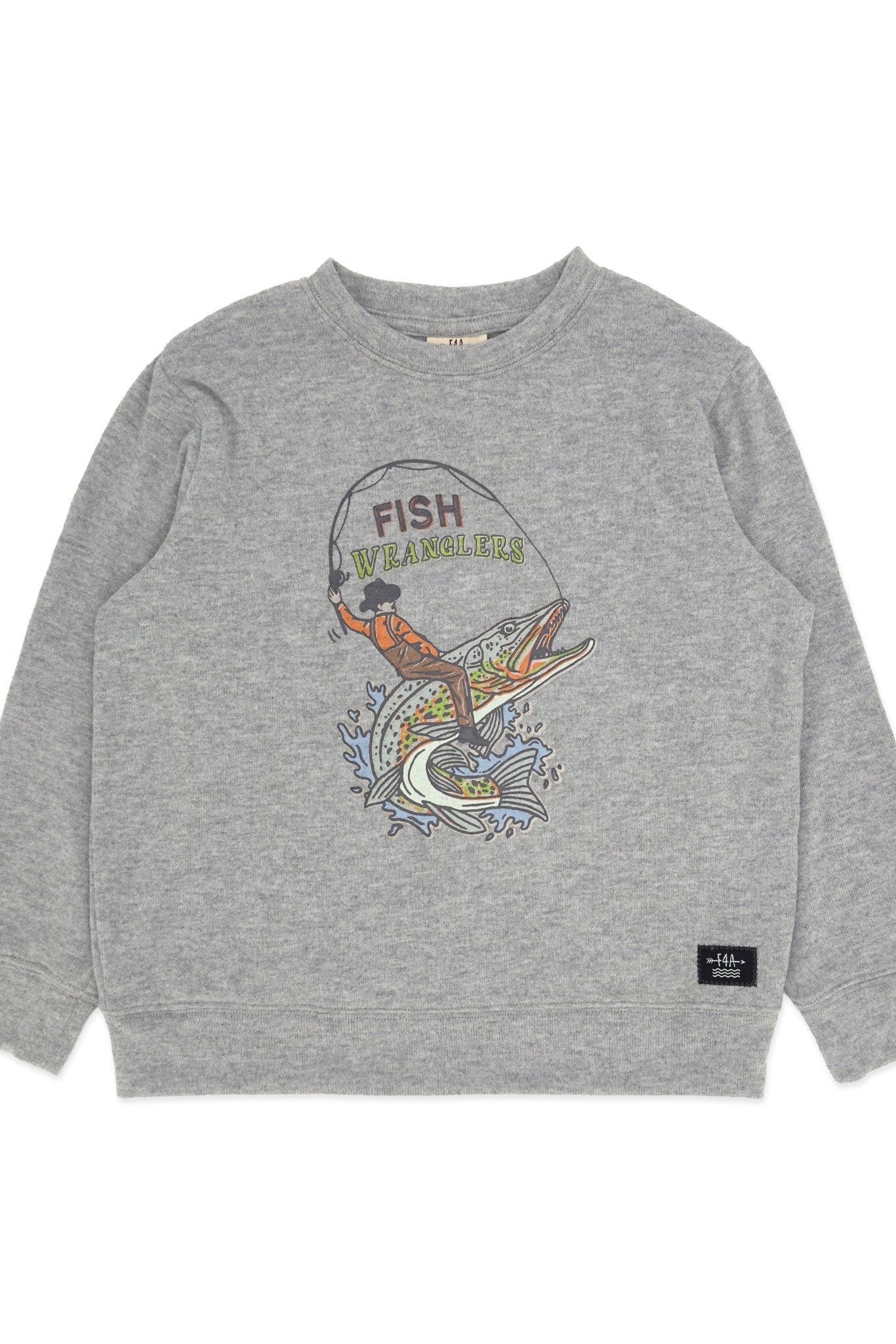 A heather gray crewneck sweatshirt featuring a colorful graphic of a fisherman on a fish with the text 'FISH WRANGLER' on the chest, and a small black brand label near the bottom right hem.