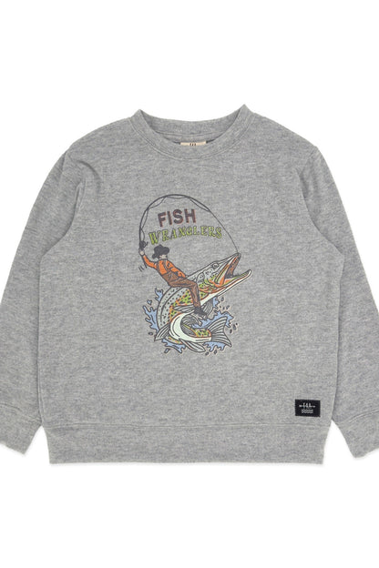 A heather gray crewneck sweatshirt featuring a colorful graphic of a fisherman on a fish with the text 'FISH WRANGLER' on the chest, and a small black brand label near the bottom right hem.