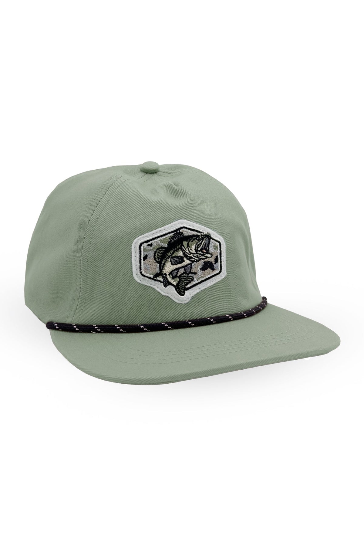 A sage green flat-brim cap featuring a black and white embroidered patch of a fish inside a shield on the front, with a black rope detail wrapped around the base of the crown, set against a plain white background.