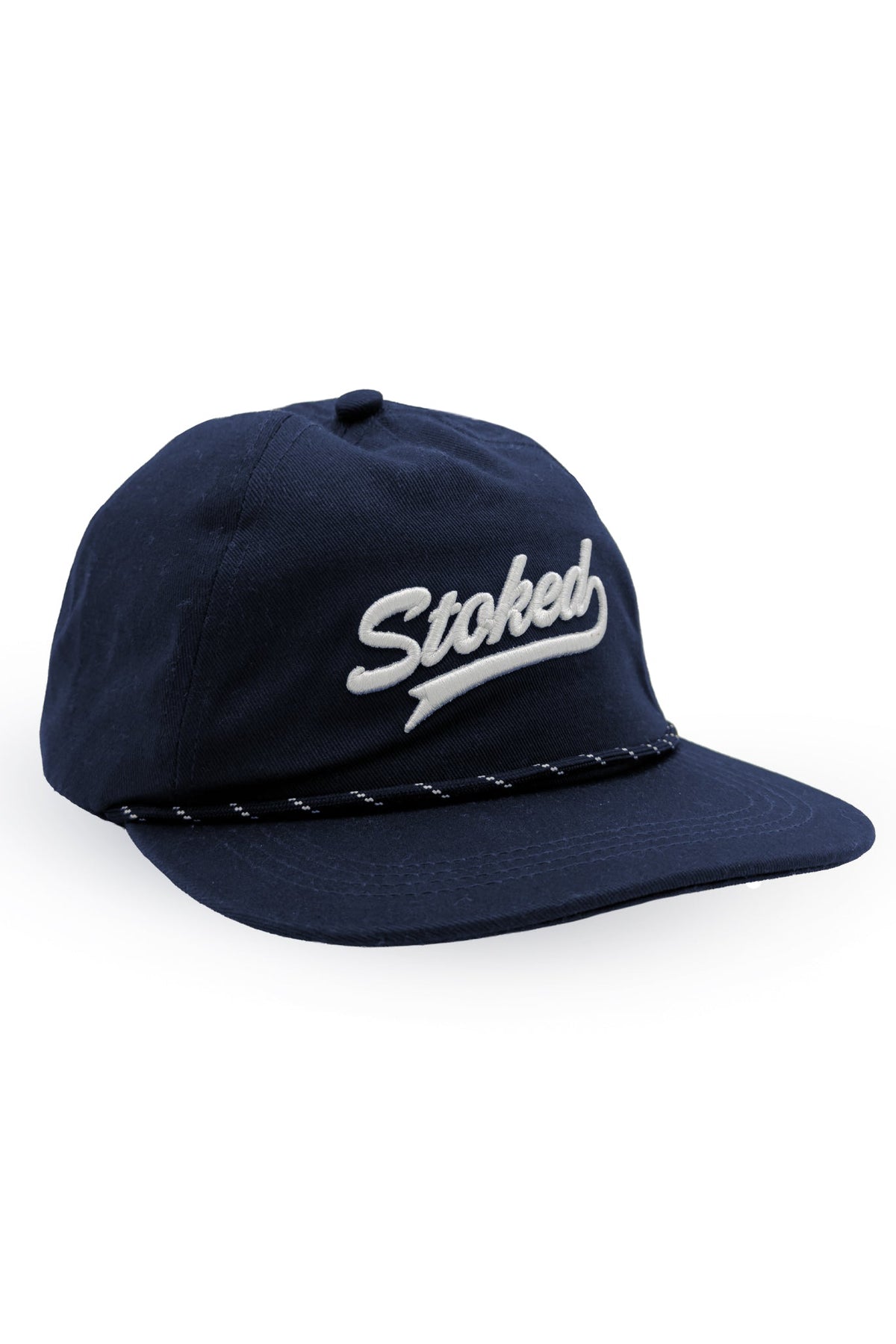 A navy blue baseball cap with 'Stoked' embroidered in white script on the front, featuring a braided rope detail around the edge of the brim, set against a plain white background.