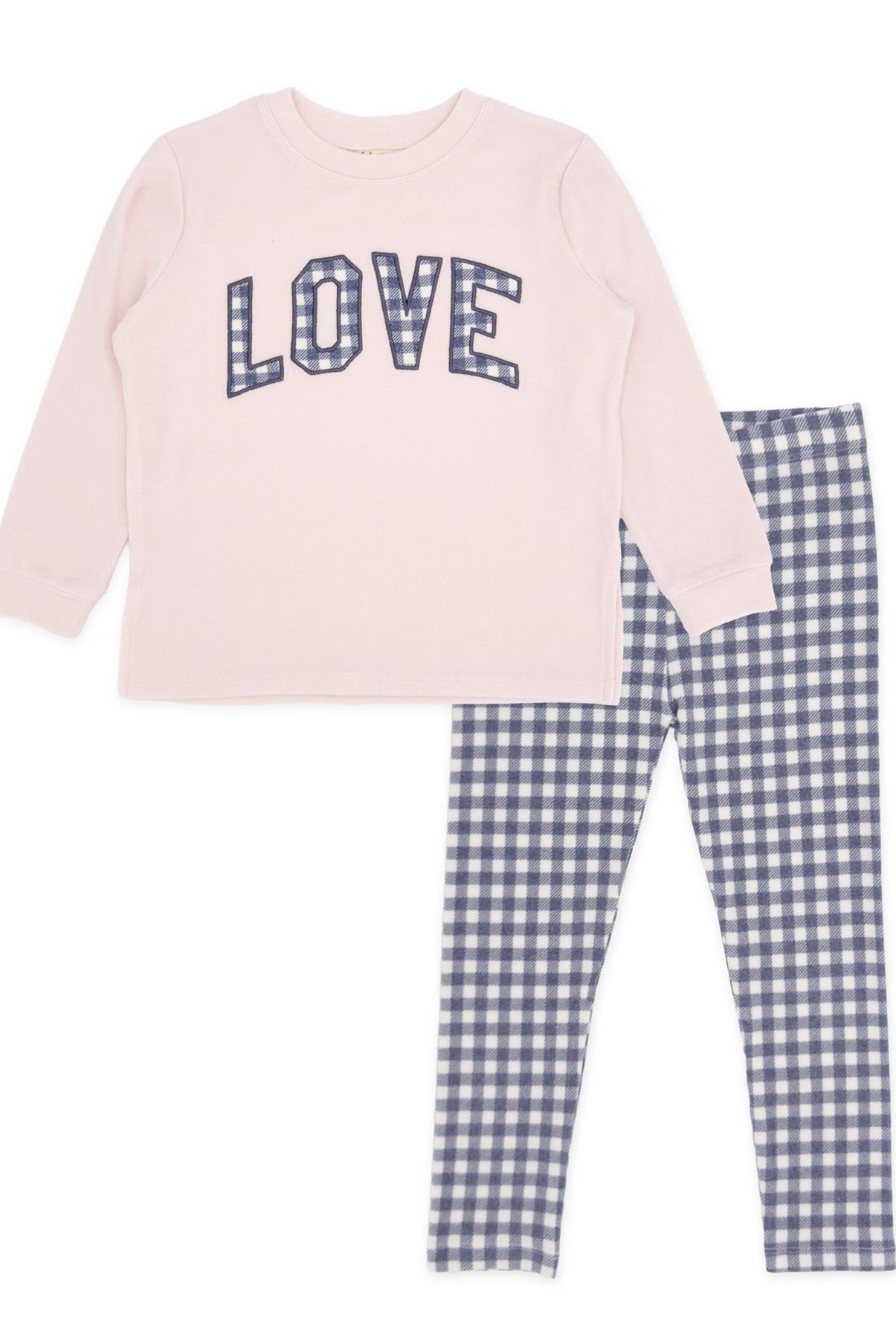 A two-piece set featuring a light pink long-sleeve top with 'LOVE' printed in navy and white gingham letters, paired with matching blue and white gingham checkered pants, shown on a plain white background.