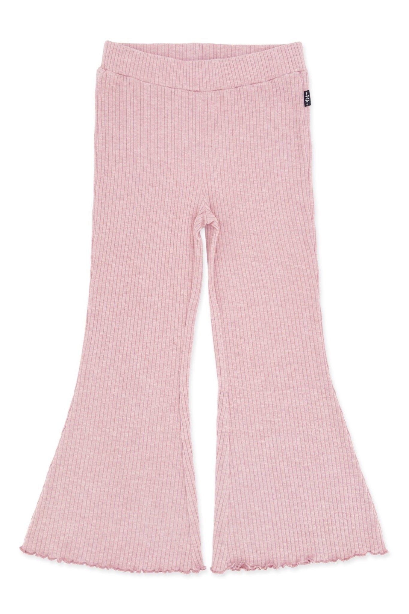 A pair of rose pink ribbed knit meadow flare bell bottom pants with a wide waistband and scalloped ruffle hems, shown flat on a white background.