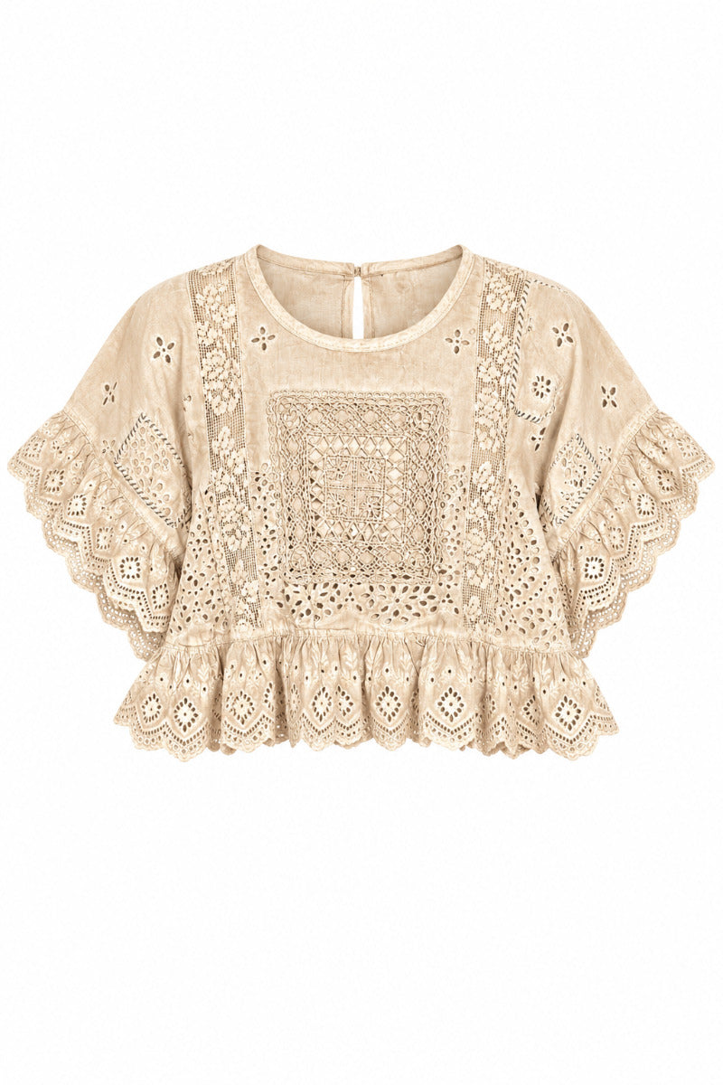An oatmeal colored crochet lace "softly worn eyelet" top with short flutter sleeves, a round neckline, and a ruffled hem, shown against a plain white background.