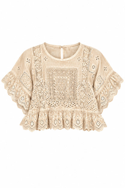 An oatmeal colored crochet lace "softly worn eyelet" top with short flutter sleeves, a round neckline, and a ruffled hem, shown against a plain white background.