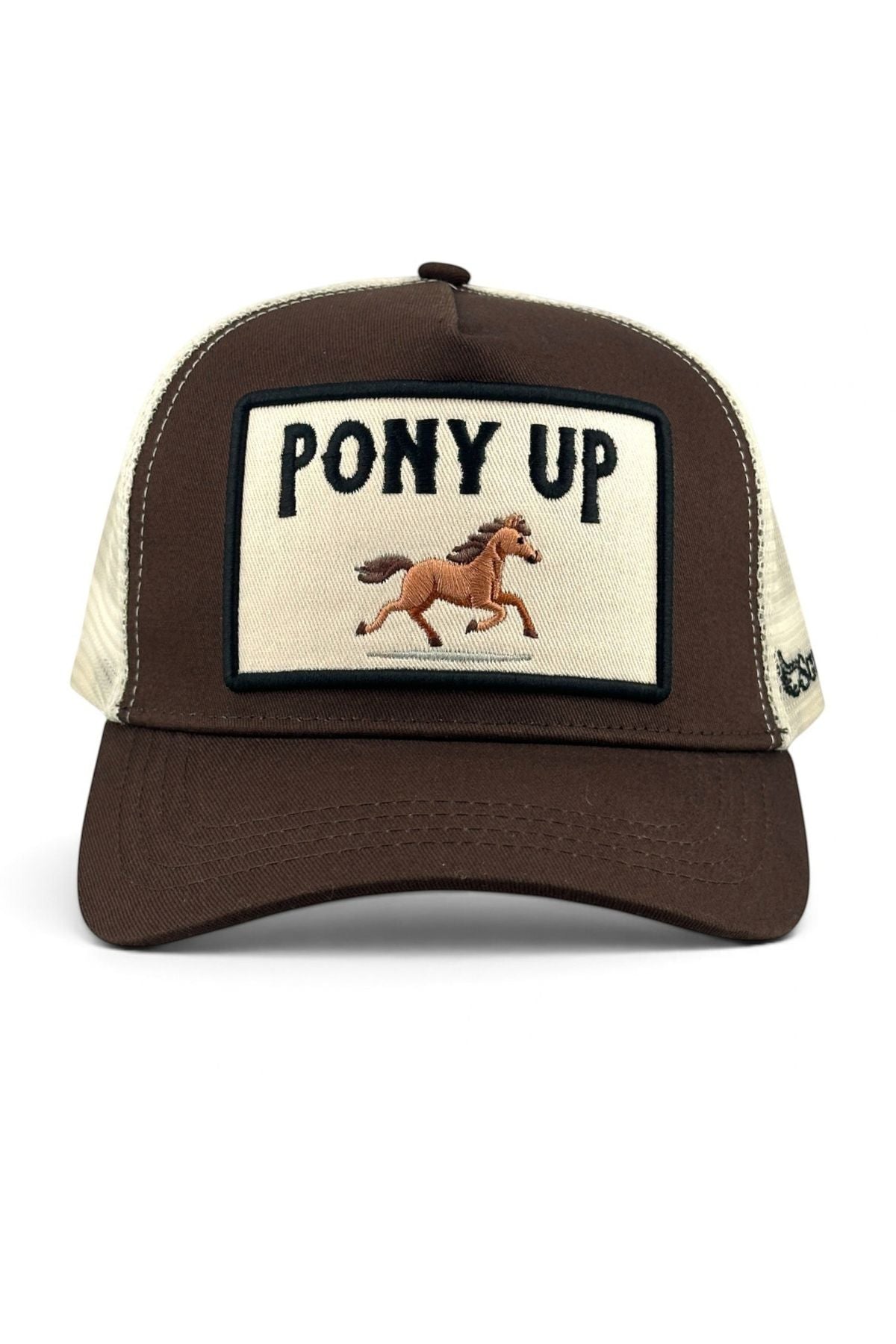 A brown and cream trucker hat featuring a front patch with the text 'PONY UP' and an embroidered brown horse, shown against a plain white background.