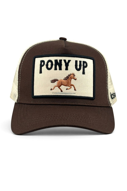 A brown and cream trucker hat featuring a front patch with the text 'PONY UP' and an embroidered brown horse, shown against a plain white background.