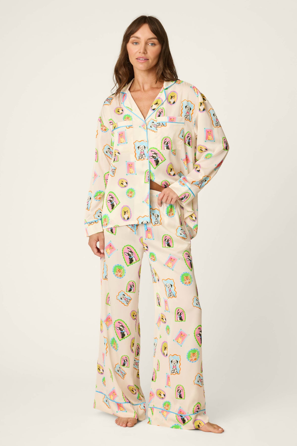 Woman wearing the picture purfect silk pajama pants with matching top 