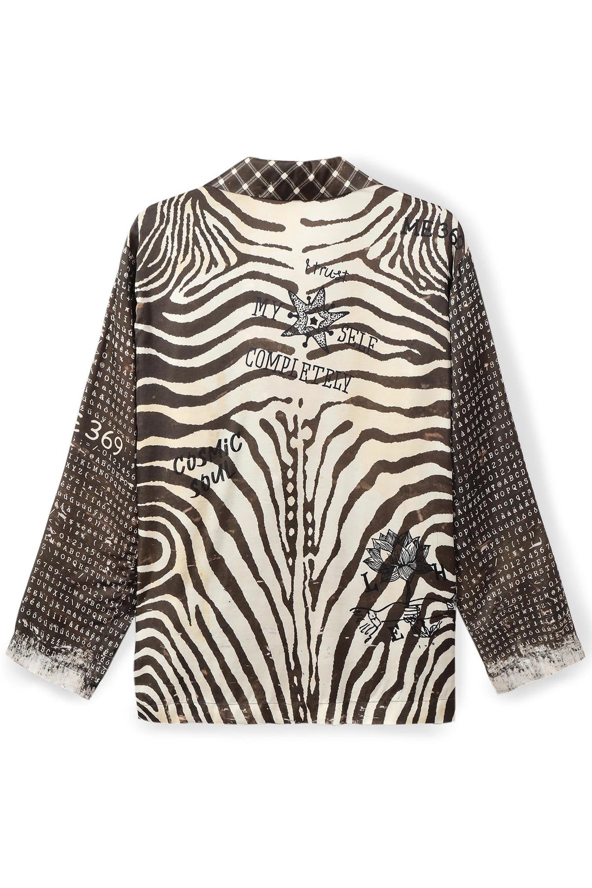 A long-sleeve Audrey Collar jacket featuring a Noir Muse zebra print pattern on the back and a textured, dotted brown pattern on the sleeves, with graphic text and illustration prints on a white background