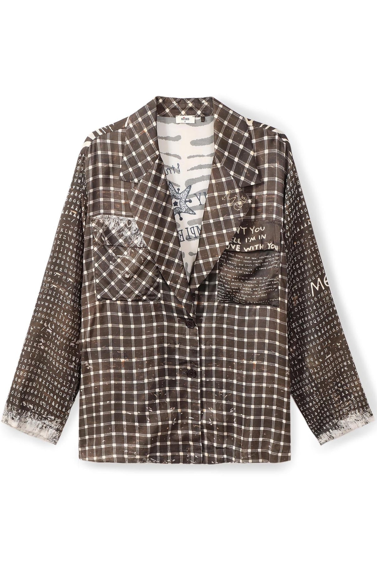 A brown and beige plaid button-up Audrey  jacket with distressed details, featuring a collar, front pockets, and a graphic Noir Muse print on the inner lining, displayed against a plain white background.